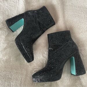 Betsey Johnson Della Black Glass Rhinestone Booties Platform Heel 9.5 Worn Once